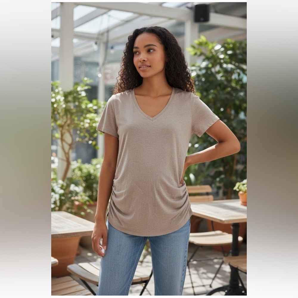 Pact Beige Women’s T-shirt Top Scoop Neck Size Small Cinch Side